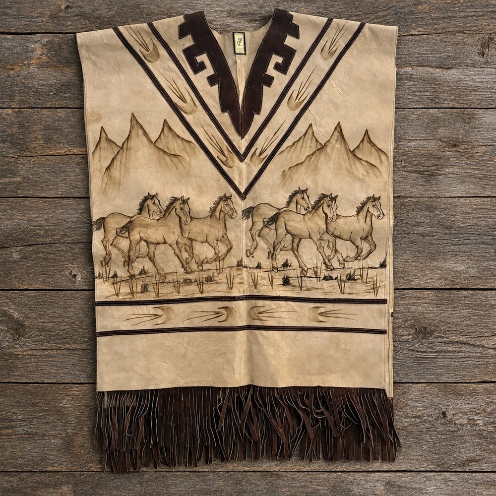 Mejia Collection Vintage Suede Leather Horse Poncho Western Fringe Tan Brown